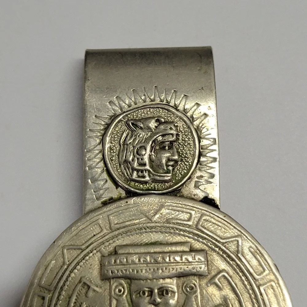 Vintage Mexico Alpaca Silver Money Clip Aztec Mayan Sun Stone Deity Warrior 18g